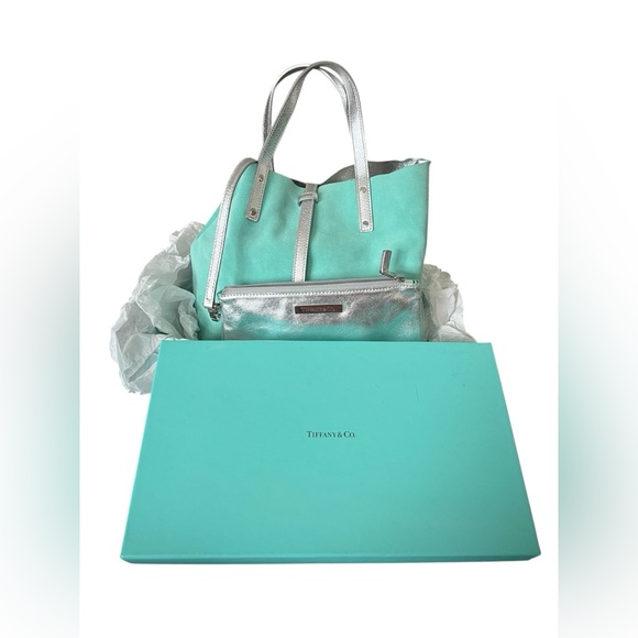 TIFFANY & CO. Reversible Metallic Silver Leather & Blue Suede Tote with Pouch - Picture 2 of 15